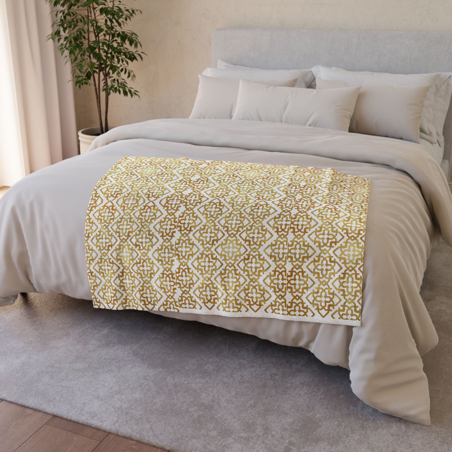 Geometric Gold Moroccan Throw Blanket — Soft Polyester Decorative Bed & Sofa Blanket