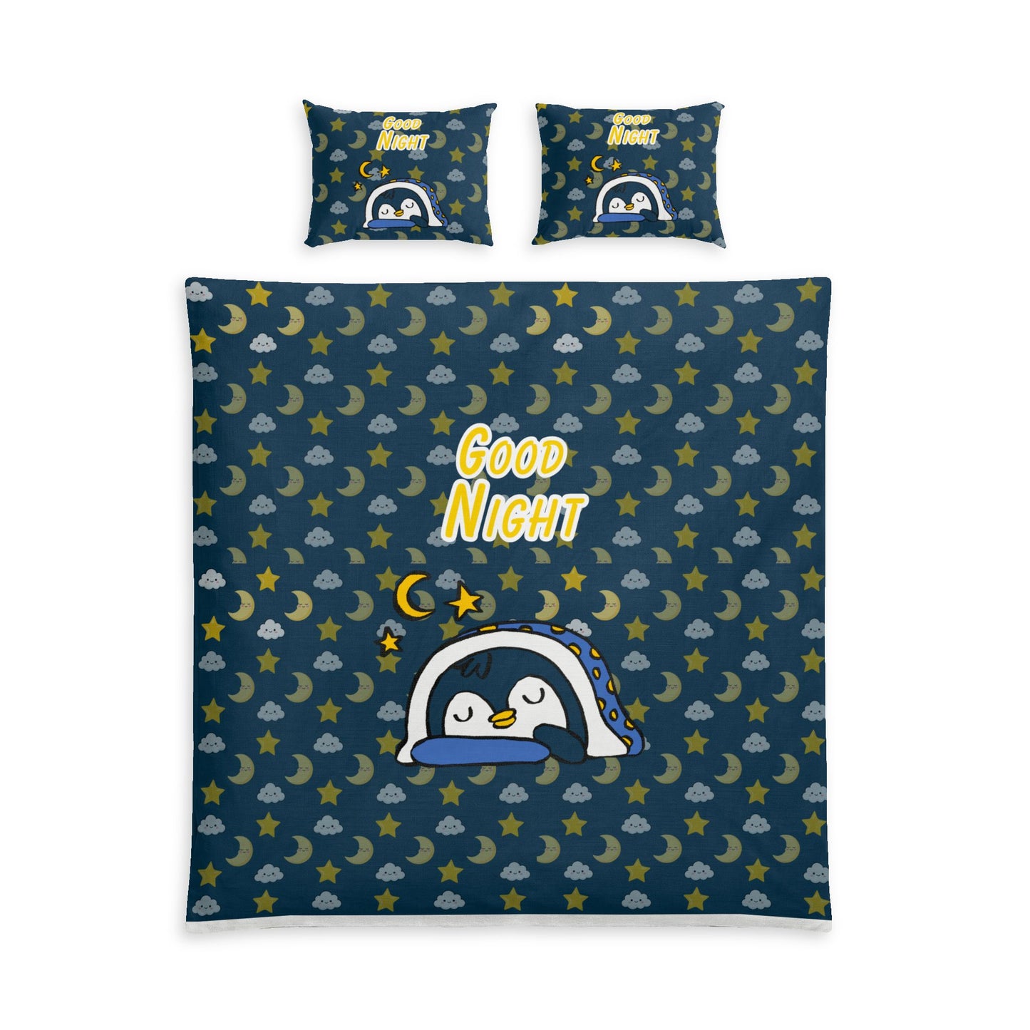 Good Night Penguin Cotton Bed Set – Cute Night Sky Duvet Cover & Pillowcases