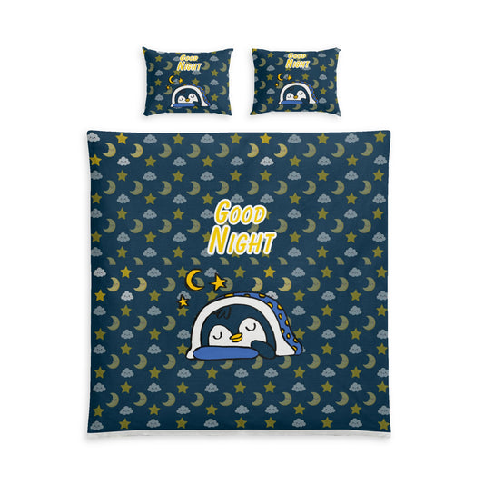 Good Night Penguin Cotton Bed Set – Cute Night Sky Duvet Cover & Pillowcases